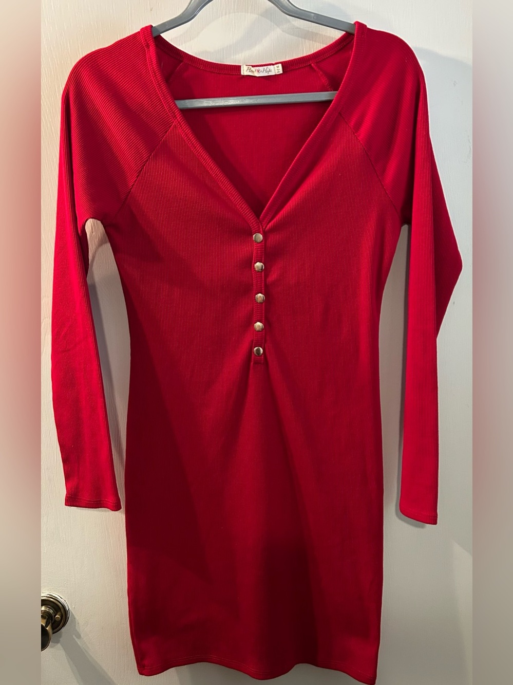 Heart Hips Red Long Sleeve Henley Bodycon Dress Size M